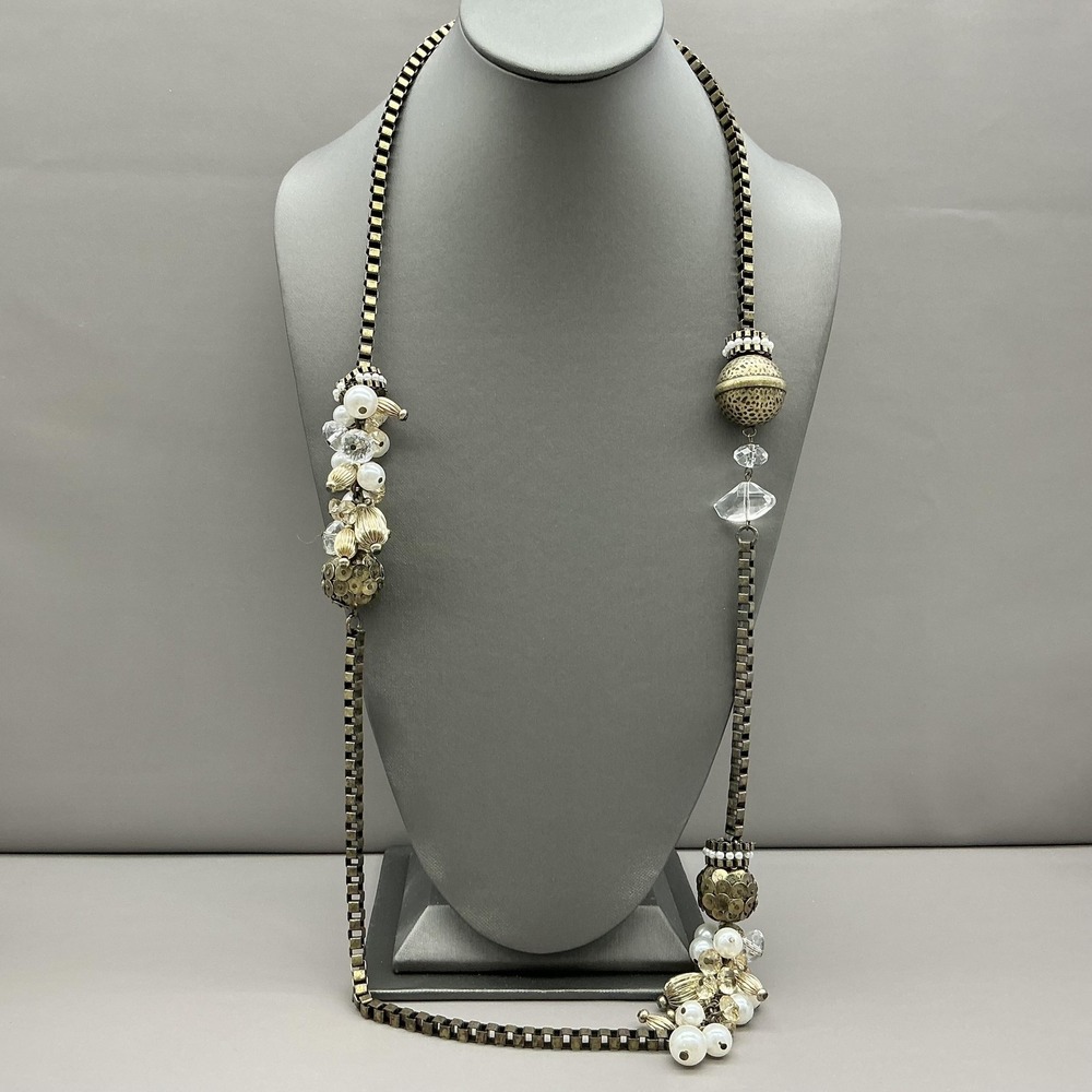 Chicos Necklace Gold Tone White Pearl Beaded Cluster Station Statement Jewelry